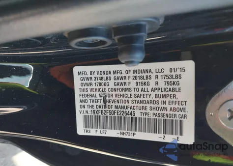 2015 Honda Civic Lx z USA, uszkodzony, nr VIN 19XFB2F50FE226445
